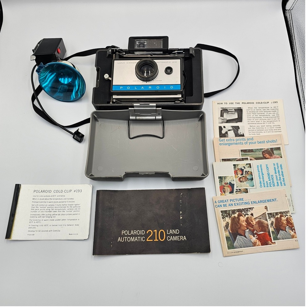 Vintage Polaroid Automatic 210 Land Camera Instant Film Kit with Flash & Manuals